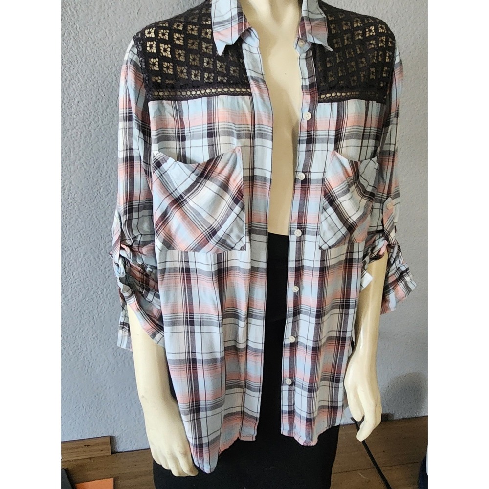 Express Plaid Button Up Shirt Sz S Crochet Lace Split Back Long Sleeve Western